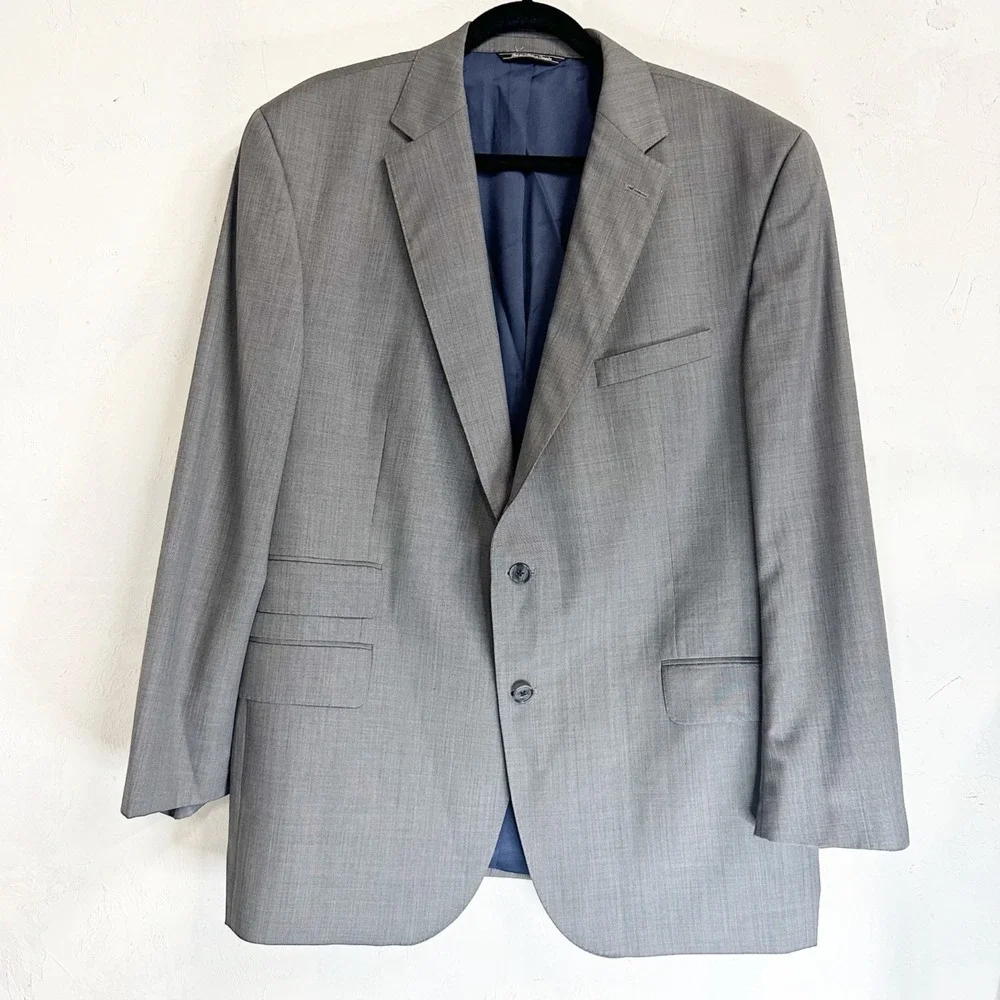 Jack Victor Elite Windowpane Wool Blazer Gray Stretch Two Button Men's Size 46R